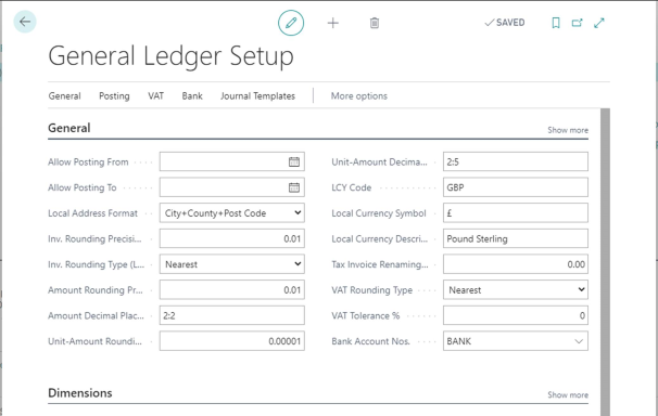 General Ledger Setup pages showing the LCY Code as GBP.img